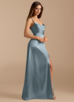 Azazie Erma Bridesmaid Dresses Dusty Blue A-Line Side Slit Metallic Satin Dress image6