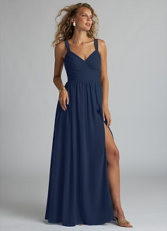 Azazie Aziza Bridesmaid Dresses Dark Navy A-Line V-Neck Pleated Chiffon Dress image1