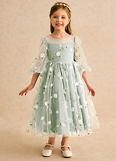 Azazie Elowen vestidos de niña de las flores Vestido Salvia Polvorienta de Encaje de Línea A con Escote corazón image3