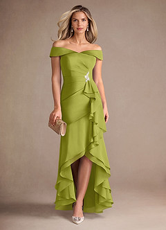 Azazie Billings Mother of the Bride Dresses Lemongrass Mermaid Off the Shoulder Stretch Satin Dress image1