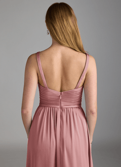 Azazie Chanel Bridesmaid Dresses Dusty Rose A-Line Pleated Stretch Satin Dress image4