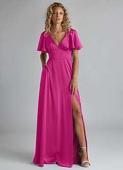Azazie Kimber Bridesmaid Dresses Fuchsia A-Line Ruched Stretch Satin Dress image1
