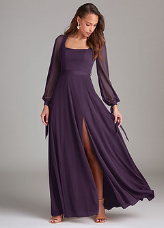 Azazie Leonia Bridesmaid Dresses Plum A-Line Long Sleeve Mesh Dress image2