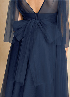 Azazie Dori Robe Demoiselle D'honneur Fillette Robe Trapèze en Tulle Rayé Bleu Marine Foncé image7