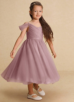 Azazie Lizzette Flower Girl Dresses Dusty Rose A-Line Ruched Tulle Dress image4