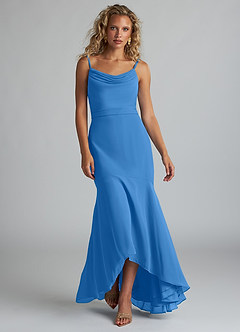 Azazie Summer Bridesmaid Dresses Blue Jay Mermaid Scoop Cowl Chiffon Dress image4