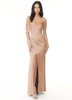 Azazie Hallie Bridesmaid Dresses English Rose Sheath Off-The-Shoulder Long Sleeve Stretch Satin Convertible Dress image3