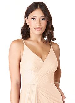 Azazie Evalin Bridesmaid Dresses Pearl Pink A-Line V-Neck Pleated Mesh Dress image5