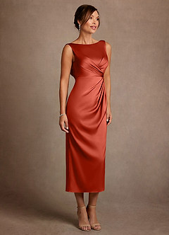 Azazie Mazhe 신부의 어머니 드레스 A라인 주름진 스트레치 새틴 티 길이 드레스 image4