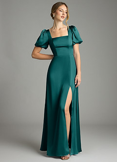 Azazie Fyona Bridesmaid Dresses Peacock A-Line Pleated Stretch Satin Dress image3