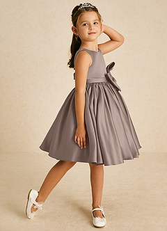 Azazie Apple Flower Girl Dresses Taupe A-Line Bow Matte Satin Dress image3