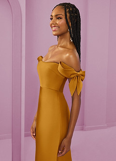 Barbie ♥ Azazie Bridesmaid Dresses Butterscotch Sheath Off the Shoulder Stretch Satin Convertible Dress image6