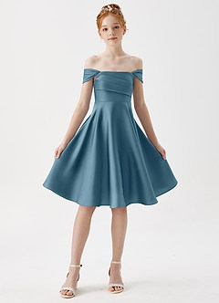 Azazie Amira Junior Bermuda A-Line Pleated Stretch Satin Dress image5
