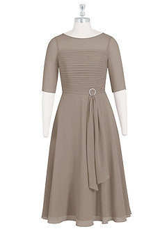 Azazie Naomi Mother of the Bride Dresses Taupe A-Line Boatneck Pleated Chiffon Dress image7