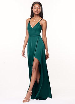 Azazie Maksim Bridesmaid Dresses Peacock A-Line V-Neck Stretch Satin Dress image4
