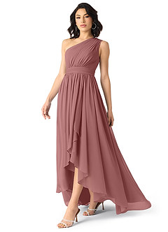Azazie Mathilda Bridesmaid Dresses Desert Rose A-Line One Shoulder Chiffon Dress image3