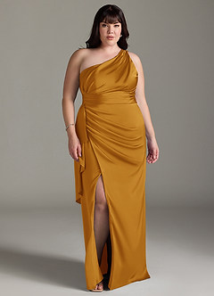 Azazie Maive Robes de demoiselle d'honneur Robe Fourreau en Satin extensible Rayé Caramel écossais image5