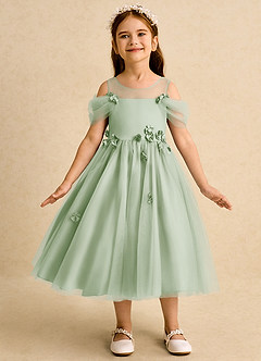Azazie Juni Flower Girl Dresses Dusty Sage Ball-Gown Pleated Tulle Dress image4
