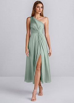 Brook Agave Green Ein-Schulter-Satin-Midikleid mit Schlitz image1
