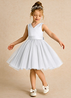 Azazie Tadpole Flower Girl Dresses White A-Line Pleated Matte Satin Dress image1
