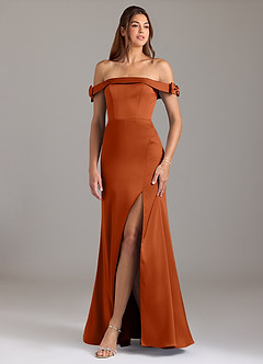 Azazie Zayla Robes de demoiselle d'honneur Robe Trapèze Convertible en Satin extensible Épaule décolletée Orange Brûlée image1