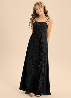 Azazie Kaylee Junior Black A-Line with Belt Floral Burnout Dress image1