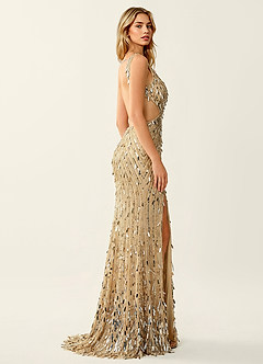 Veda Champagne Sparkly V-neck High Slit Mermaid Dress