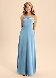 Azazie Anselie Junior Steel Blue A-Line Off the Shoulder Stretch Satin Dress image4