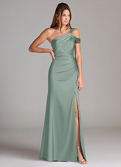 Azazie Wynter Vestidos de damas de honor Vestido de Salvia Plateada de Satén Elástico de Corte Recto con Hombro unilateral image4