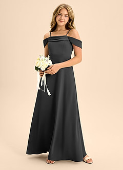 Azazie Anselie Junior A-Linie Schulterfrei Stretch-Satin Kleid Schwarz image1