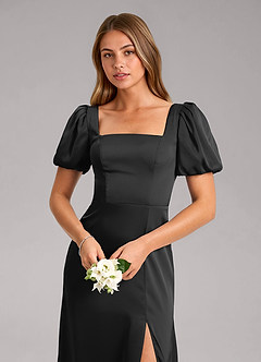 Azazie Fyona Bridesmaid Dresses Black A-Line Pleated Stretch Satin Dress image6