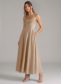 Azazie Shaude 신부 들러리 드레스 A라인 주름진 스트레치 새틴 발목 길이 드레스 image5