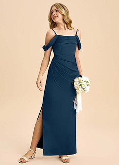 Azazie Saige Junior Dark Navy Sheath Off the Shoulder Stretch Satin Dress image5