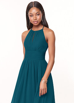 Azazie Bonnie Bridesmaid Dresses Ink Blue A-Line Keyhole Ruched Chiffon Dress image5