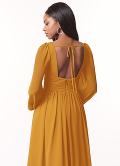 Azazie Norah Bridesmaid Dresses Butterscotch A-Line V-Neck Long Sleeve Chiffon Dress image3