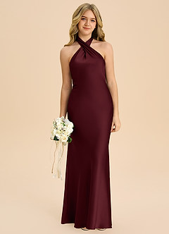 Azazie Chickie Junior Vestido de Cabernet de Satén Elástico de Corte Recto con Plisado image3