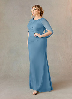 Azazie Belladonna vestidos de madre de la novia Vestido de Azul Acero de Malla de Sirena con Cuello en V Plisado image8