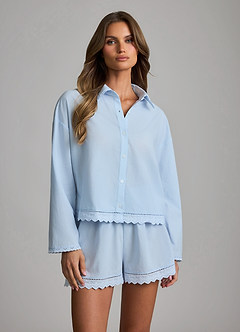 front Conjunto de pijama de camisa de manga larga y pantalón corto de algodón Lyocell con ribete de encaje.