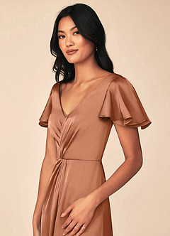 Azazie Soren Bridesmaid Dresses Bronzer A-Line Pleated Stretch Satin Dress image7