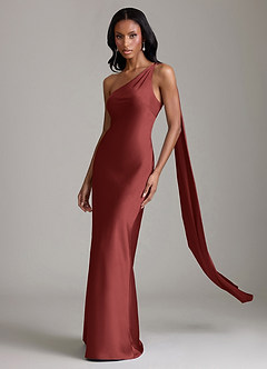 Azazie Juniper Robes de demoiselle d'honneur Robe Sirène en Satin extensible Asymétrique Terracotta image1