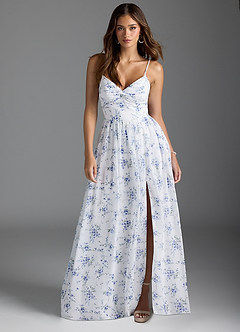 Azazie Zeya Bridesmaid Dresses Blue Cottage Floral A-Line V-Neck Pleated Chiffon Dress image1