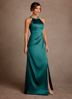 Azazie Lawrence Mother of the Bride Dresses Peacock A-Line Pleated Stretch Satin Dress image4