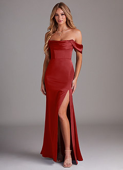 Azazie Saige Bridesmaid Dresses Pomegranate Sheath Off the Shoulder Stretch Satin Dress image1