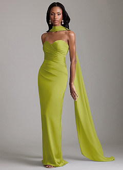 Azazie Sonora Vestidos de damas de honor Vestido de Hierba De Limón de Satén Elástico de Corte Recto con Sin tirantes image10