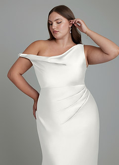 Azazie Emerson Vestidos de madrinha de casamento Vestido Branco de Cetim elástico de sereia com Ombros Caídos image12