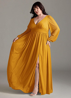 Azazie Norah Bridesmaid Dresses Butterscotch A-Line V-Neck Long Sleeve Chiffon Dress image10