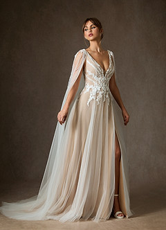 Azazie Goddess Wedding Dresses Diamond White Nude A-Line V-Neck Sequins Tulle Dress image5