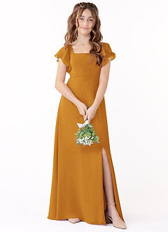 Azazie Bondi Junior Butterscotch A-Line Bow Chiffon Dress image1