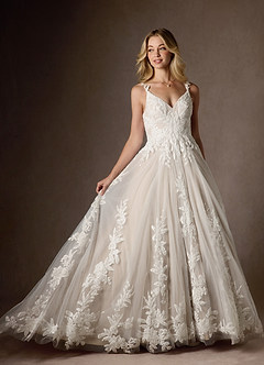 Azazie Delaina Wedding Dresses Diamond White Caramel A-Line V-Neck Sequins Tulle Dress image5