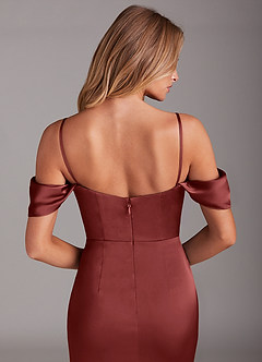Azazie Saige Bridesmaid Dresses Terracotta Sheath Off the Shoulder Stretch Satin Dress image8